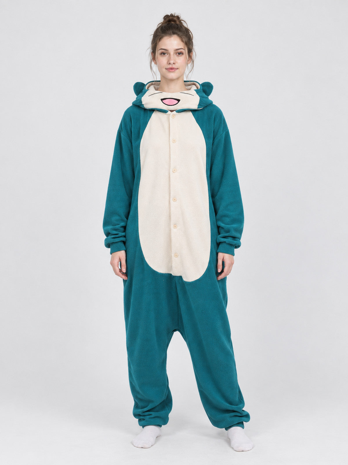 Turquoise and cream fleece kigurumi jumpsuit with ears