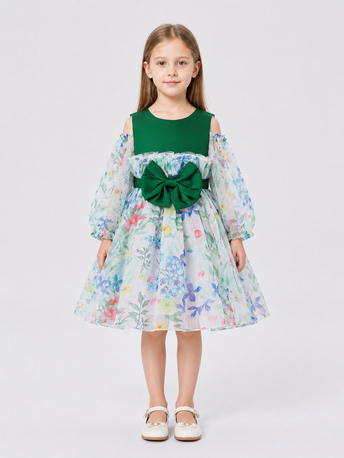Dressy Girls’ Dress with Floral Print and Full Skirt