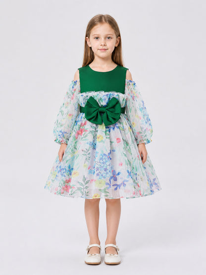 Dressy Girls’ Dress with Floral Print and Full Skirt