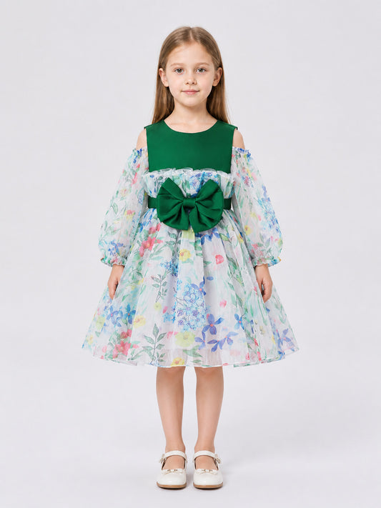 Dressy Girls’ Dress with Floral Print and Full Skirt on-model view