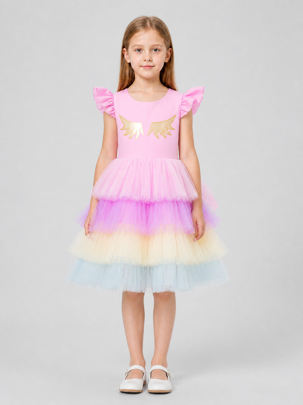 Children's Princess Dress with Rainbow Tulle Skirt on-model view