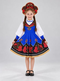 Girls' Russian Folk Costume Blue Sundress with White Puff-Sleeve Blouse