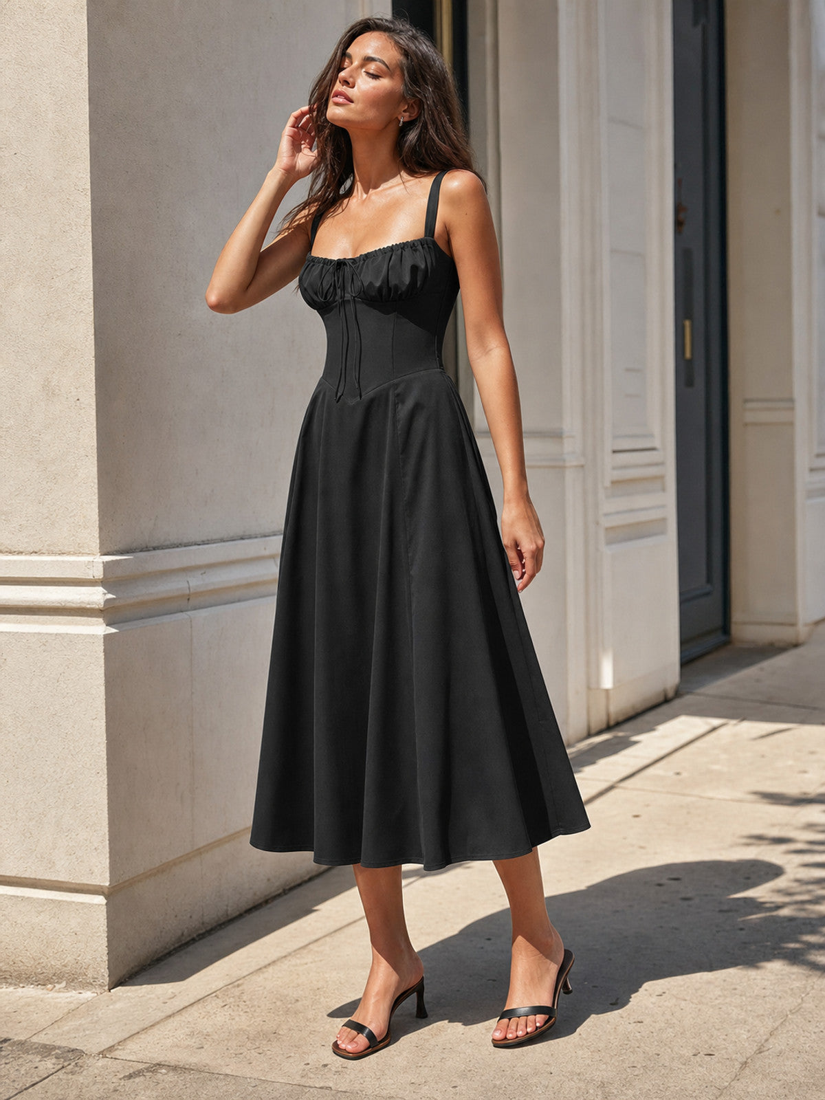Black midi dress with thin straps and a drawstring main product view