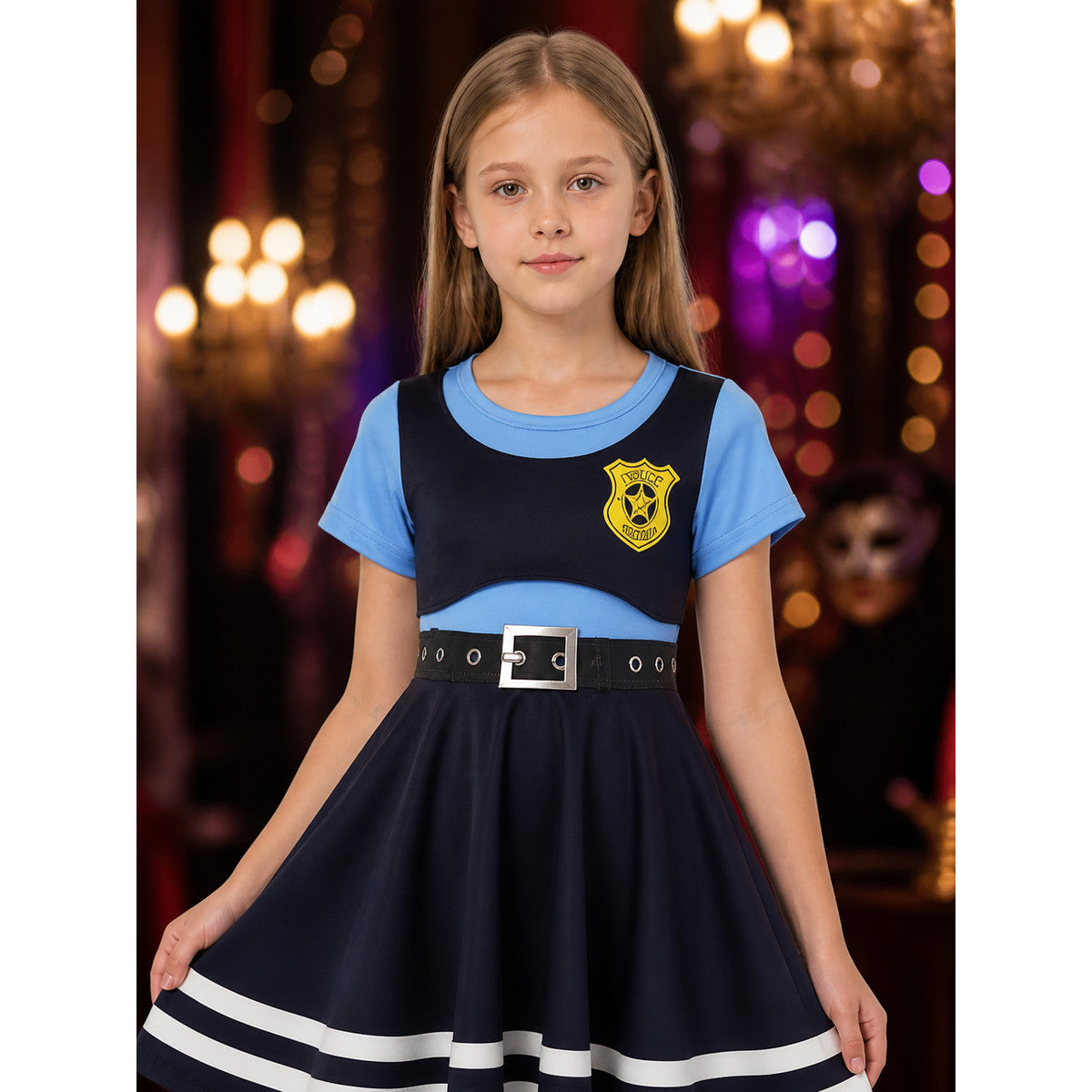 Kids Police Officer Costume Dress with Badge Print and White Stripes on-model view