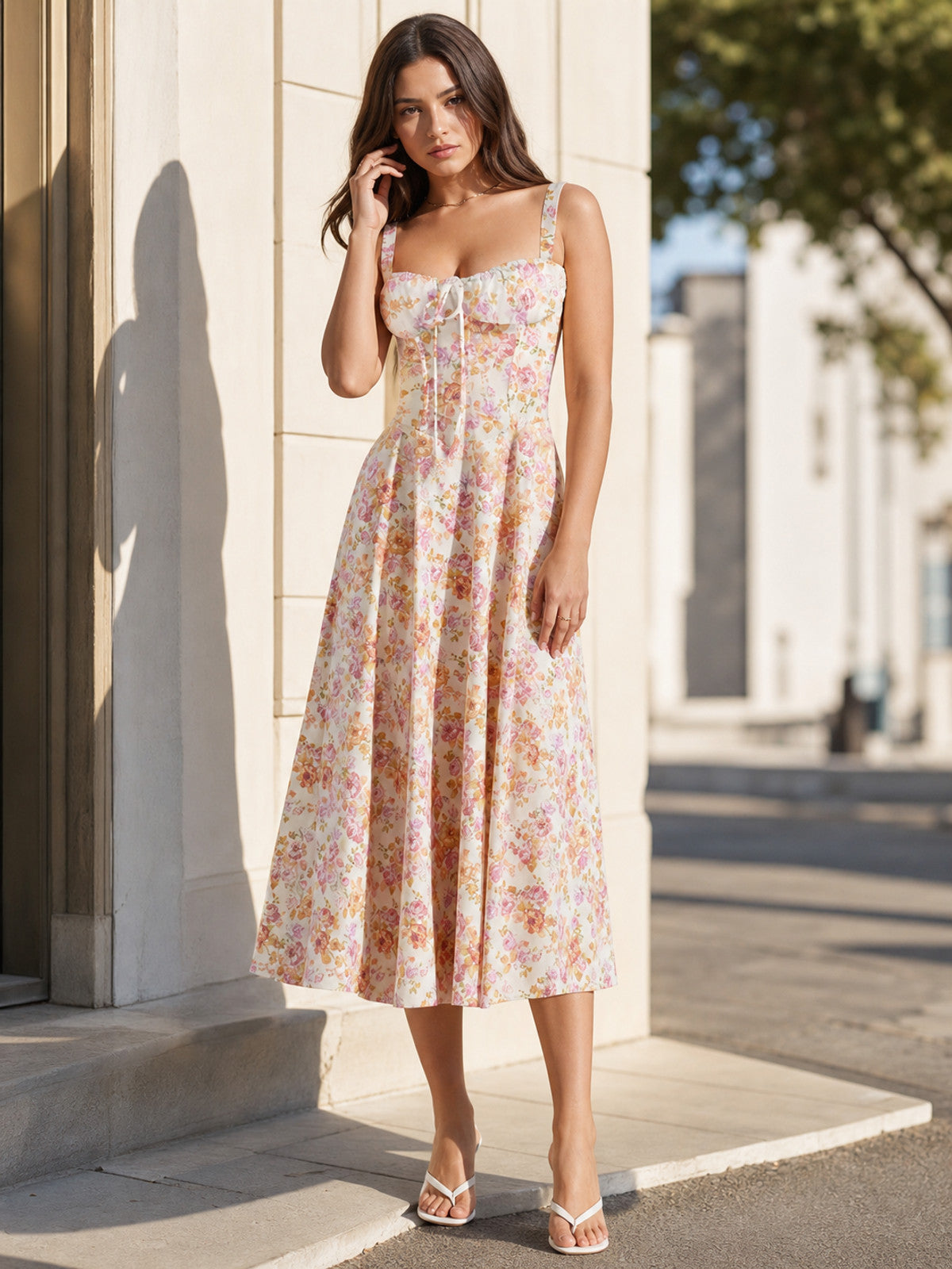 Women's midi dress with straps and a floral print main product view