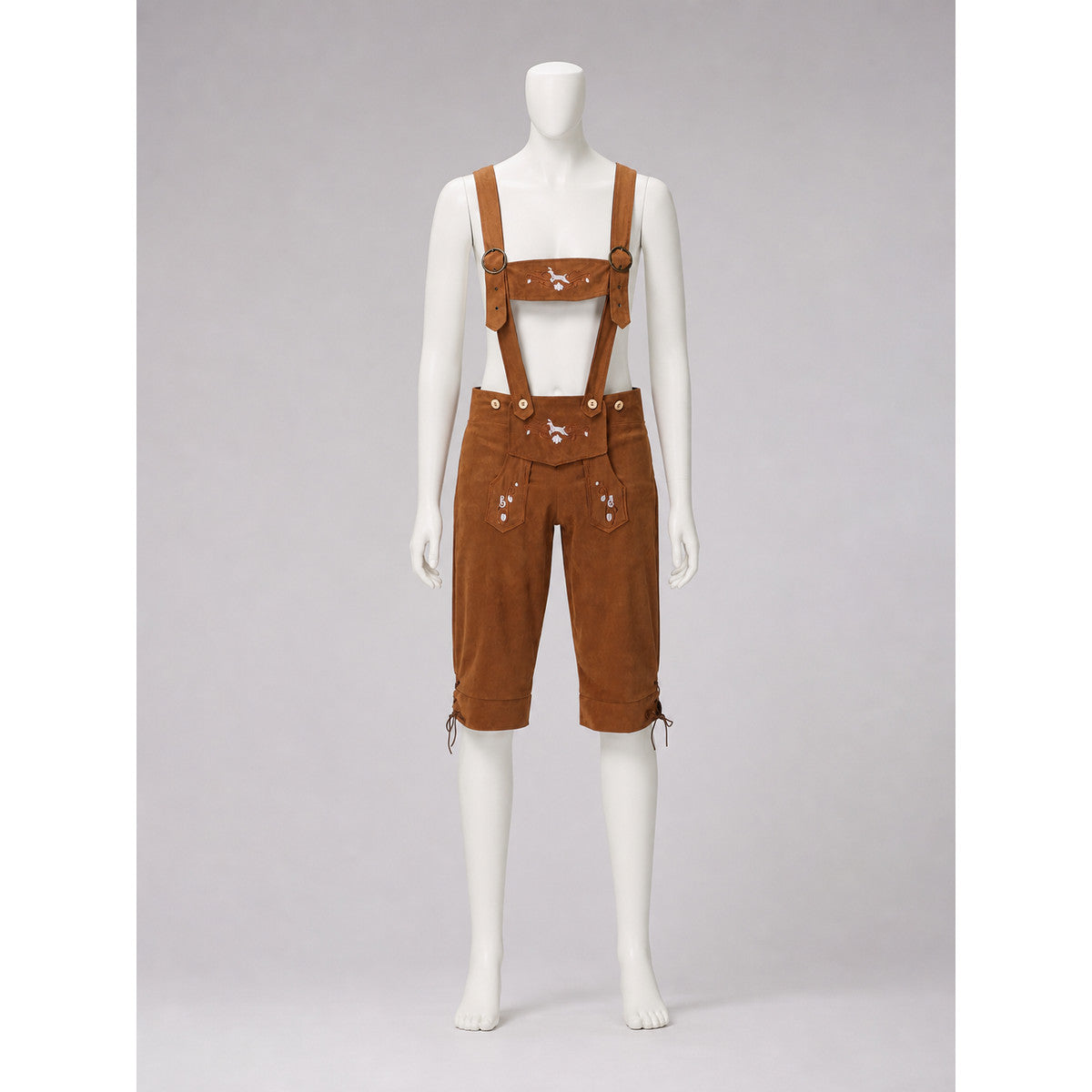 Brown folk role-play clothing designed as short shorts with a bib panel connected to shoulder suspenders and extending to the waistline. The outfit features an ethnic style and several front pockets, including pockets on the bib and shorts.