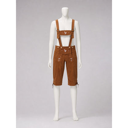 Brown folk role-play clothing designed as short shorts with a bib panel connected to shoulder suspenders and extending to the waistline. The outfit features an ethnic style and several front pockets, including pockets on the bib and shorts.