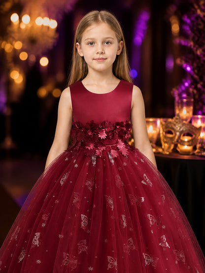 Girls' Princess Dress, Layered Tulle Gown With Satin Bodice, Floral Waist and