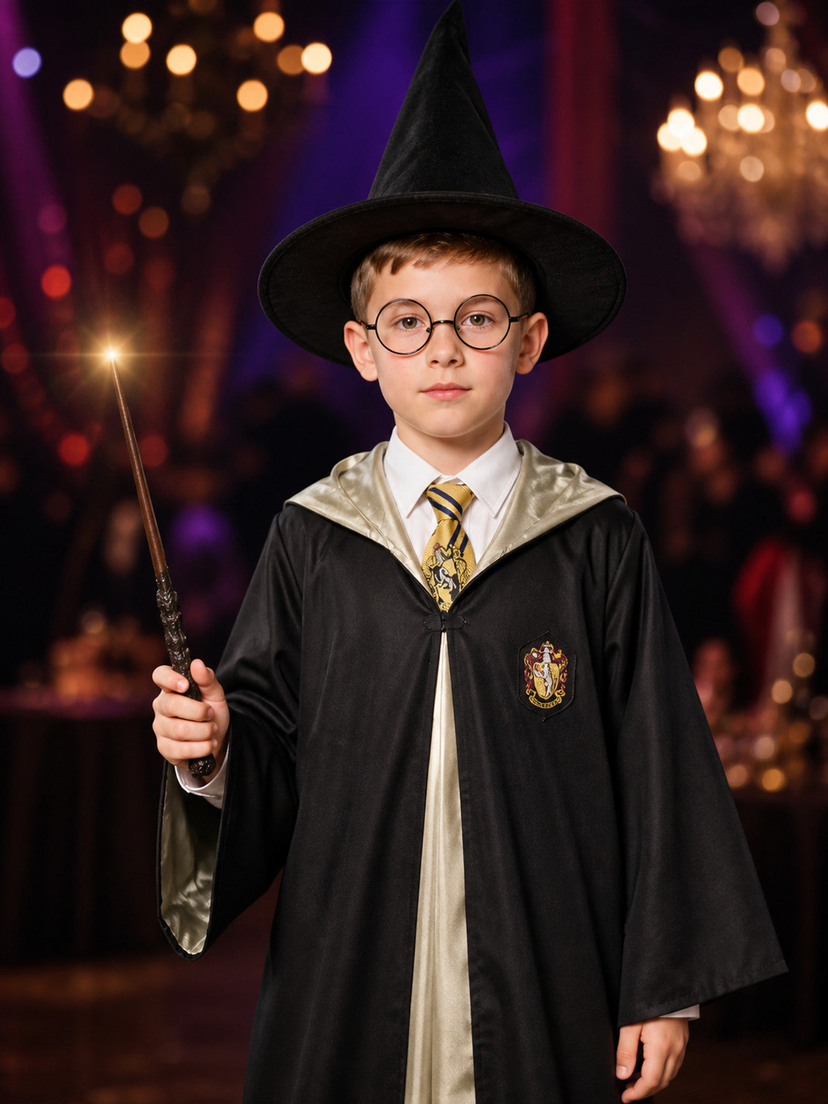Wizard Costume Set With Hooded Robe, Pointed Hat, Wand, Tie And Round Glasses on-model view