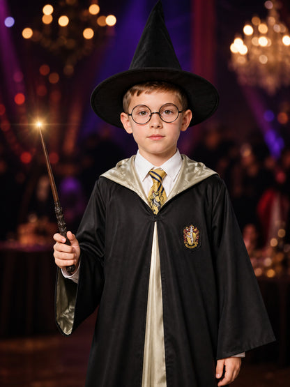 Wizard Costume Set With Hooded Robe, Pointed Hat, Wand, Tie And Round Glasses on-model view