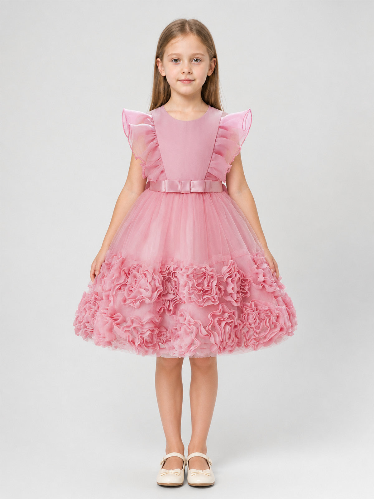 Pink Princess Dress with Tulle Skirt and Bow on-model view