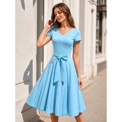 Light Blue V-Neck Dress with Bow and Full Skirt