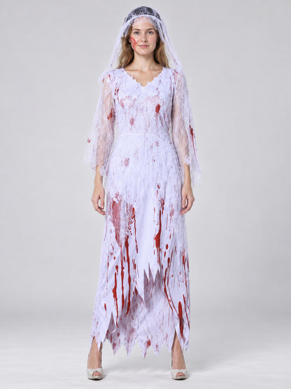 Ghost Costume with Veil and Blood Imitation for Halloween