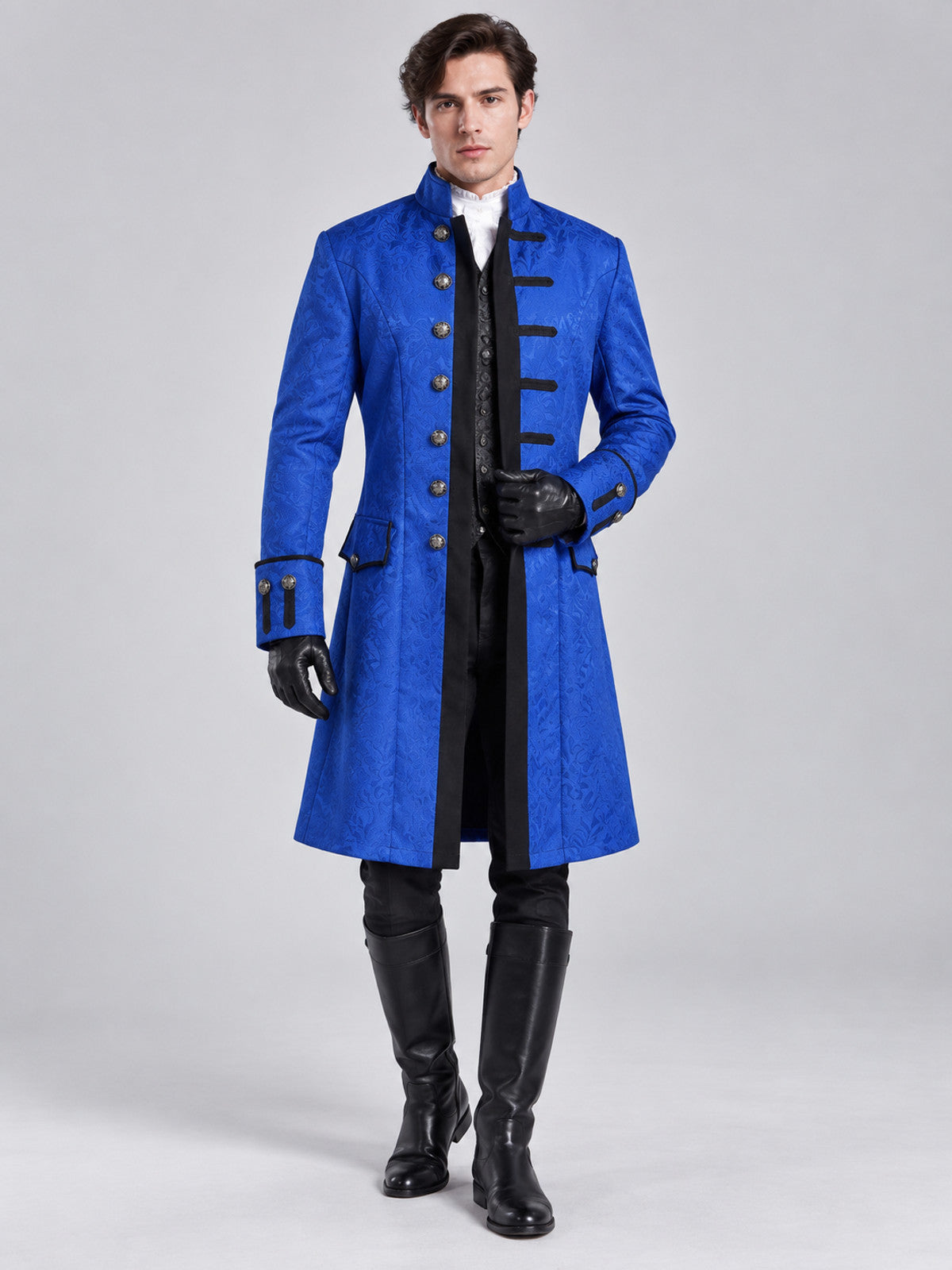 Long blue frock coat with black inset and buttons