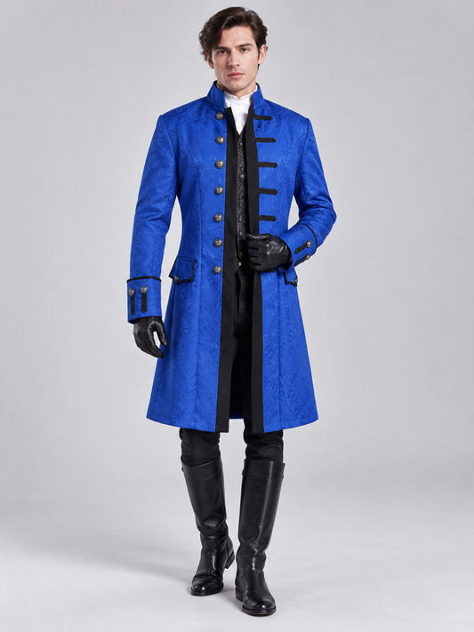 Long blue frock coat with black inset and buttons