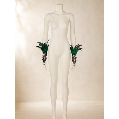 Short Black Lace Mesh Fingerless Gloves Pair with Green and Black Feather Flower Lace Decorations, Costume Accessory