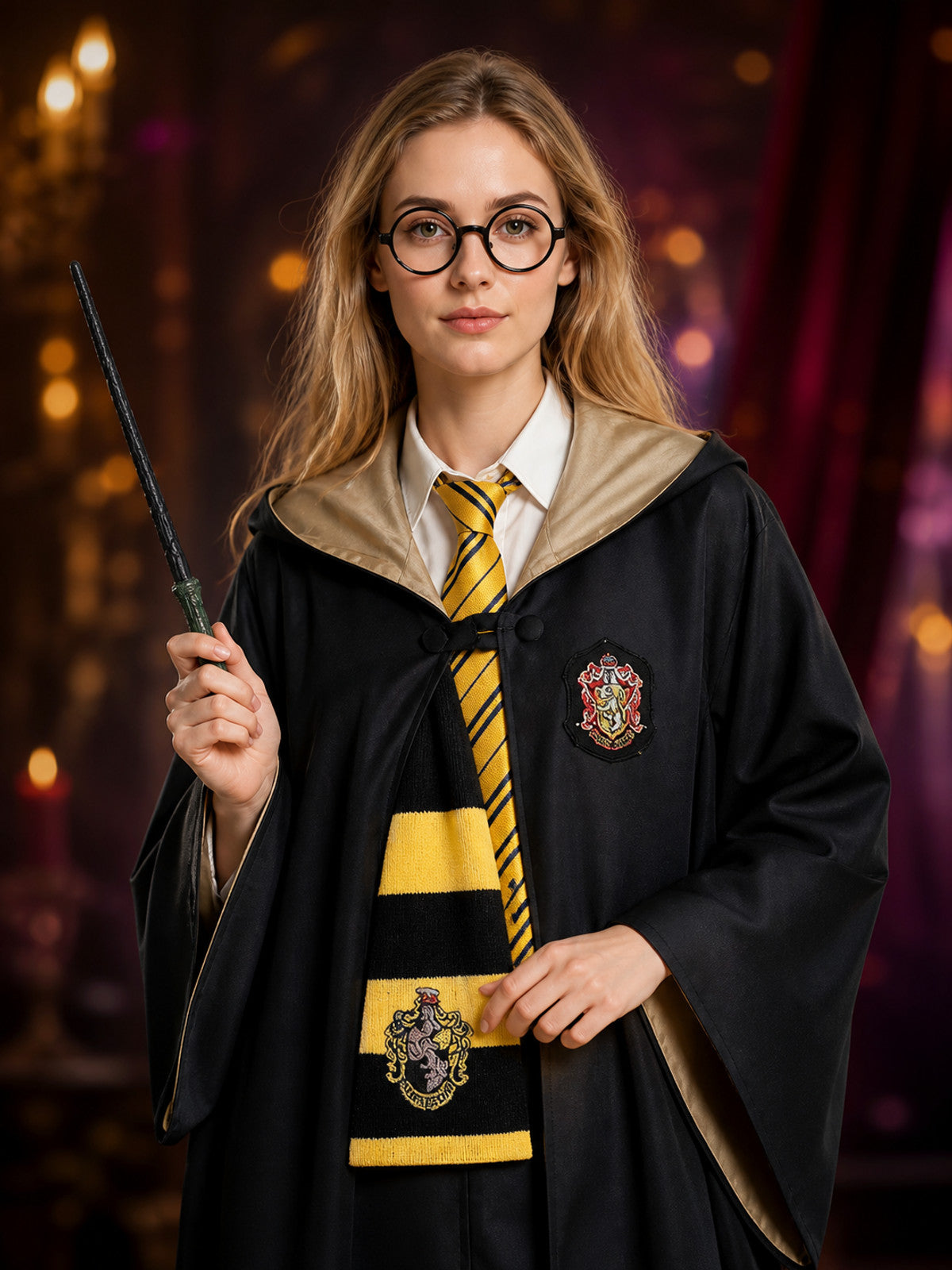 Kids Black And Yellow Hooded Wizard Robe Costume Set With Scarf, Tie, Glasses on-model view