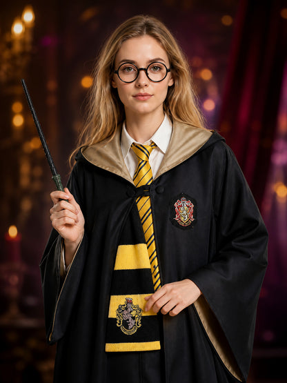Kids Black And Yellow Hooded Wizard Robe Costume Set With Scarf, Tie, Glasses on-model view