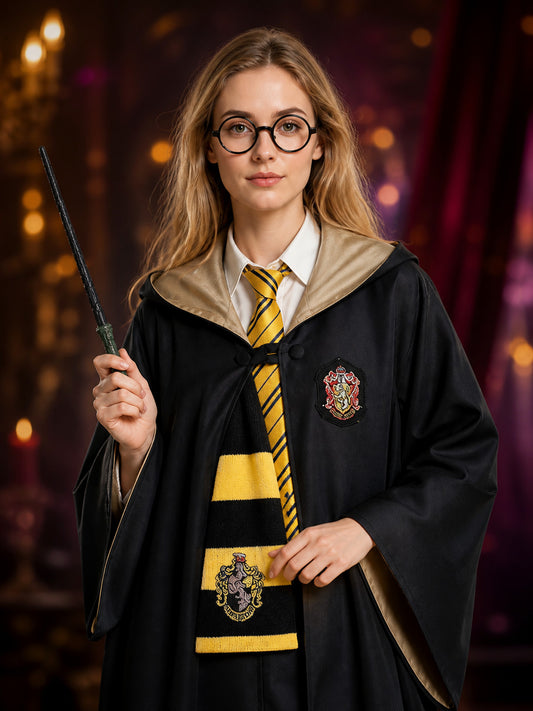 Kids Black And Yellow Hooded Wizard Robe Costume Set With Scarf, Tie, Glasses on-model view