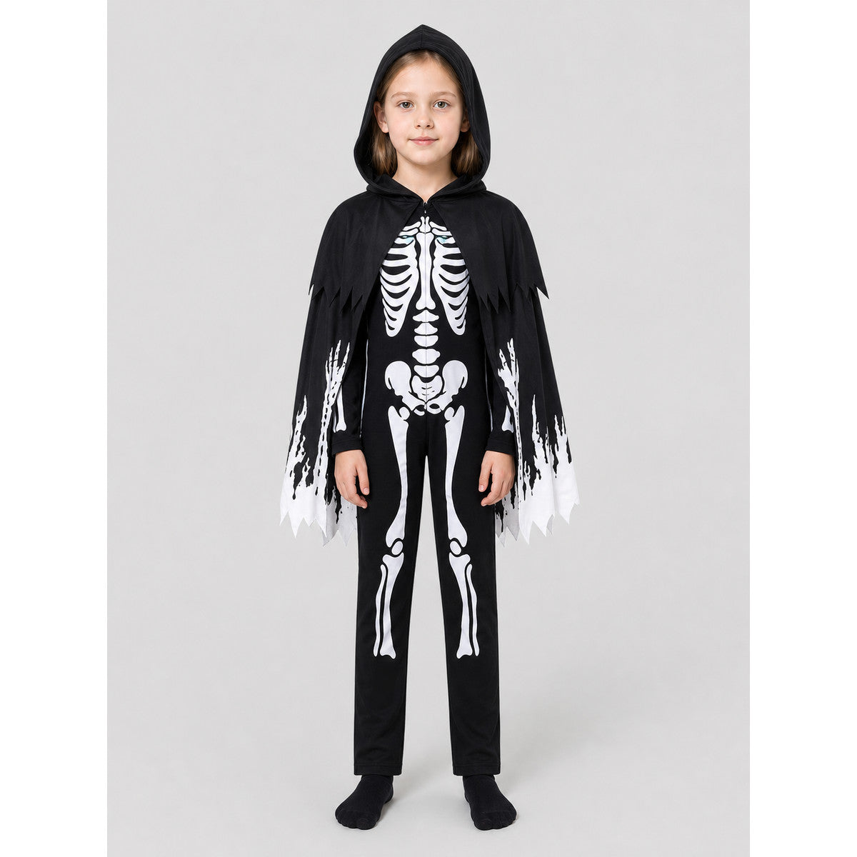Glowing Skeleton Costume with Hood for Halloween on-model view