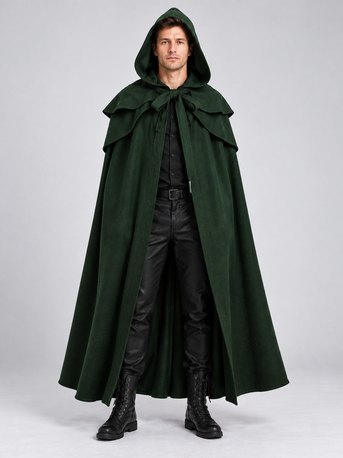 Long Loose-Fit Hooded Cloak Cape Dark Green