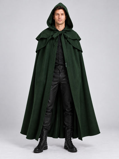 Long Loose-Fit Hooded Cloak Cape Dark Green