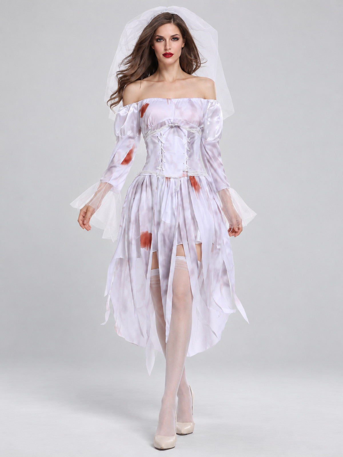 Ghost Bride White Carnival Costume with Veil and Belt