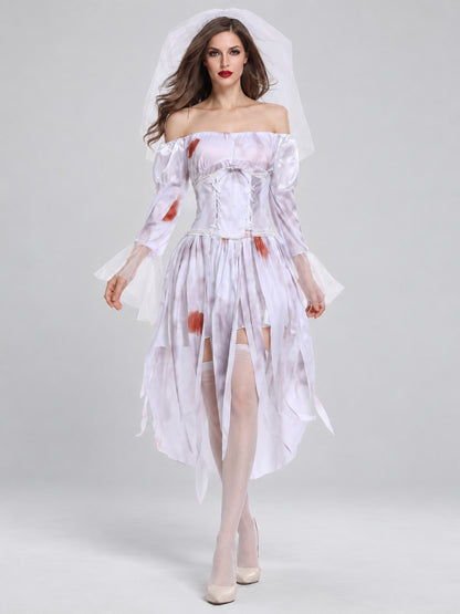 Ghost Bride White Carnival Costume with Veil and Belt