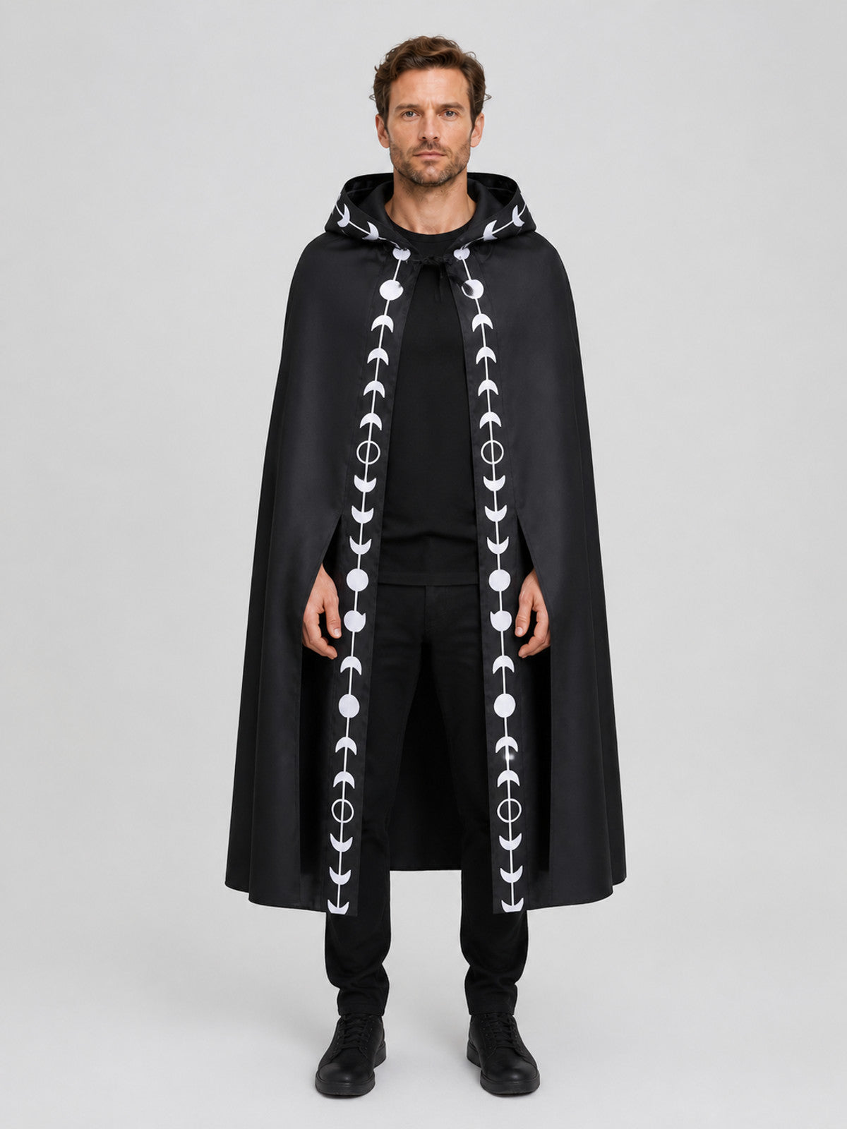 Black Hooded Cloak for Halloween, Vampire Costume on-model view