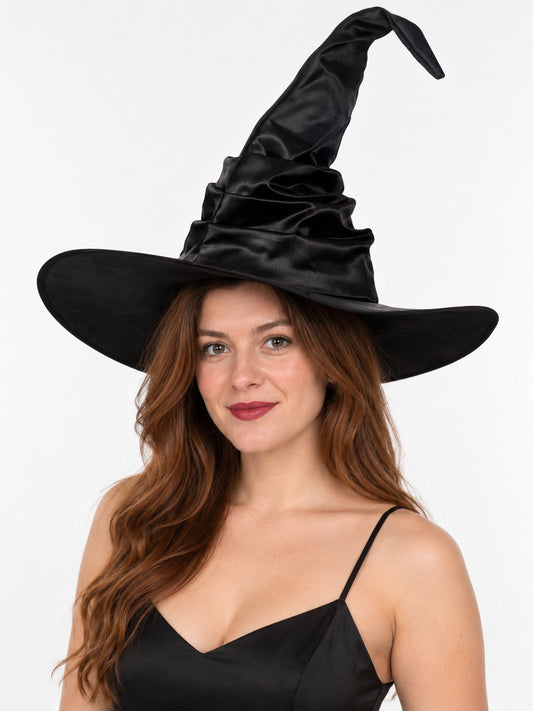 Black Fabric Witch Hat with Pointed Crown and Brim