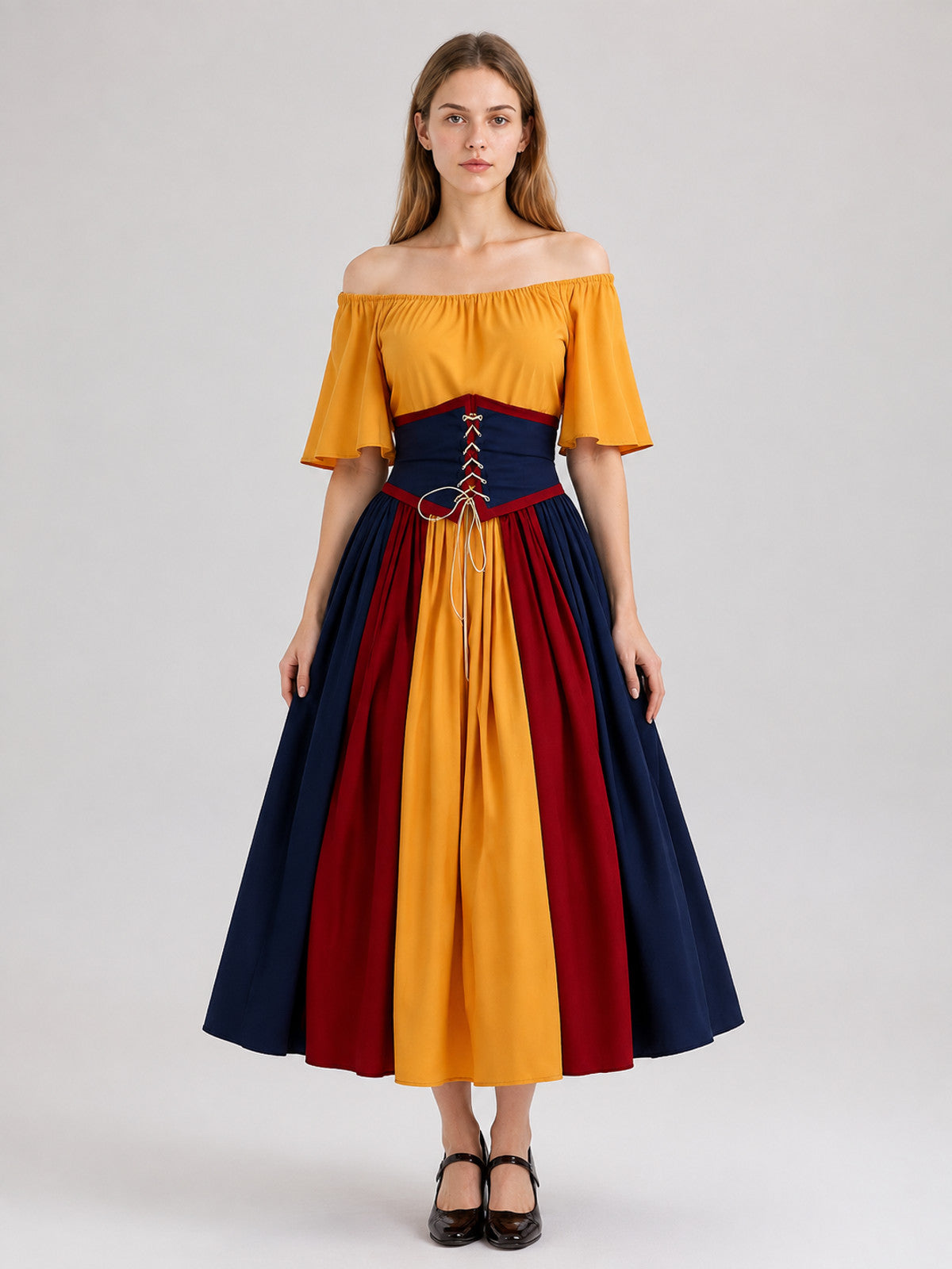 Carnival Dress with Corset Belt and Off-the-Shoulder Design on-model view
