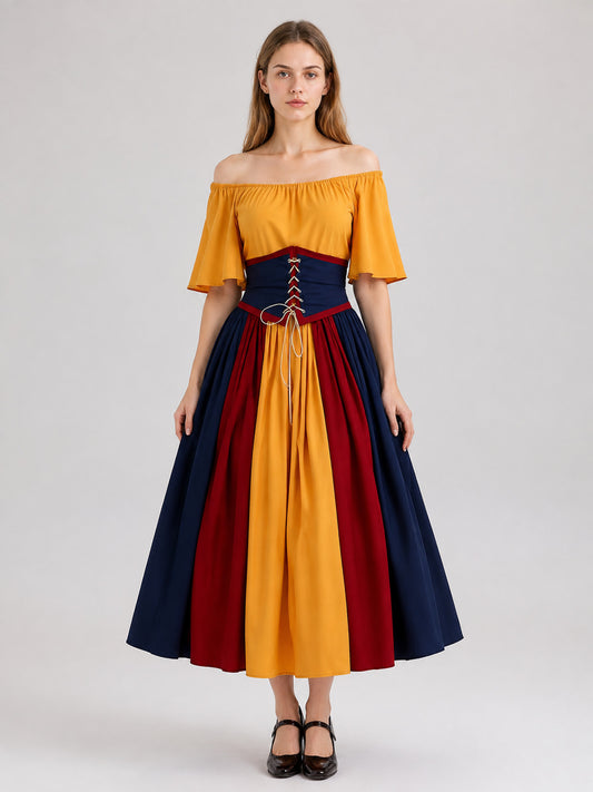 Carnival Dress with Corset Belt and Off-the-Shoulder Design on-model view