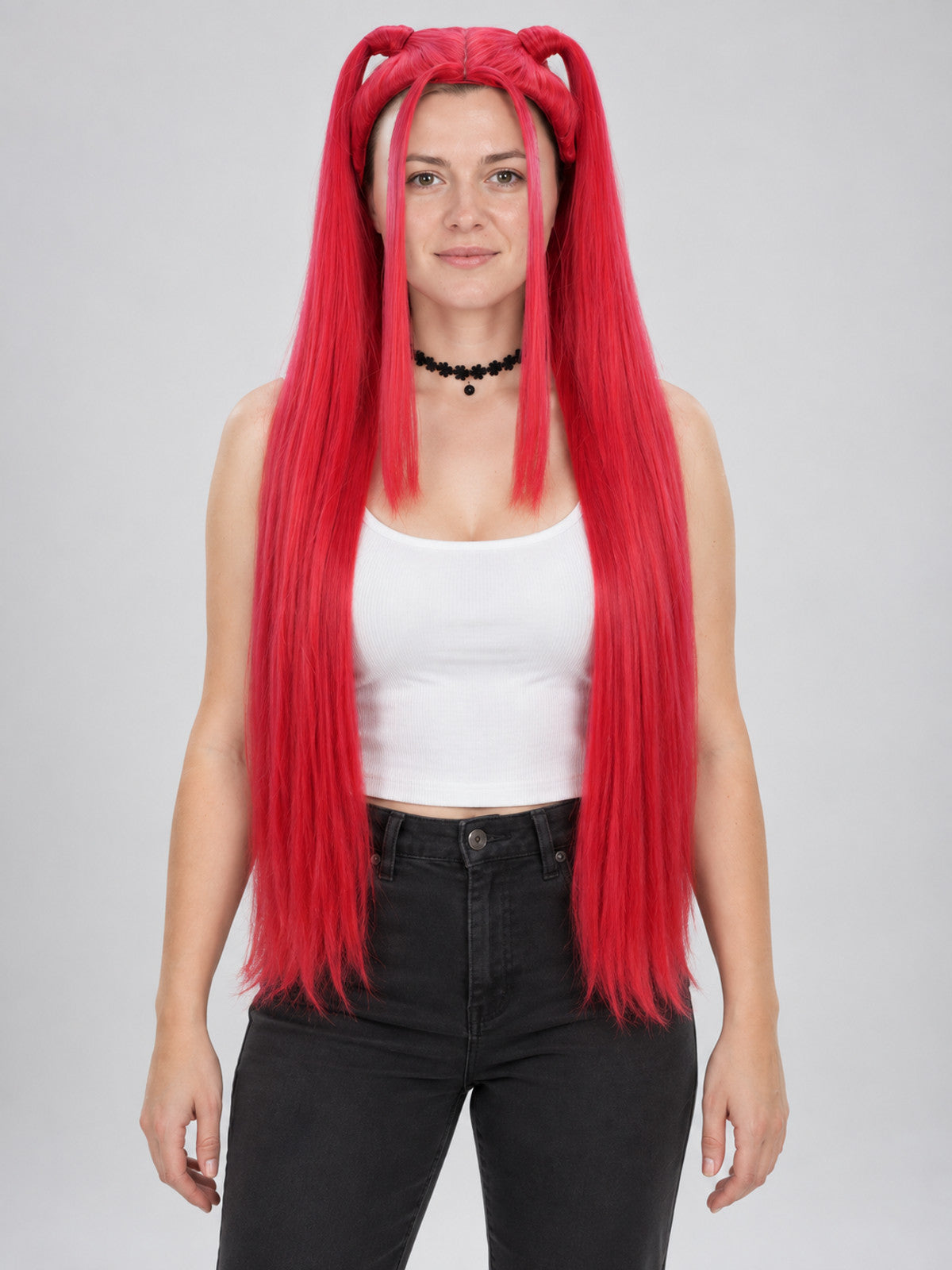 Bright Red Long Cosplay Wig with Bangs and Buns
