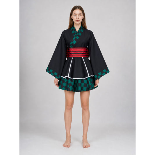 Tanjiro Cosplay Dress, Black with Green Plaid