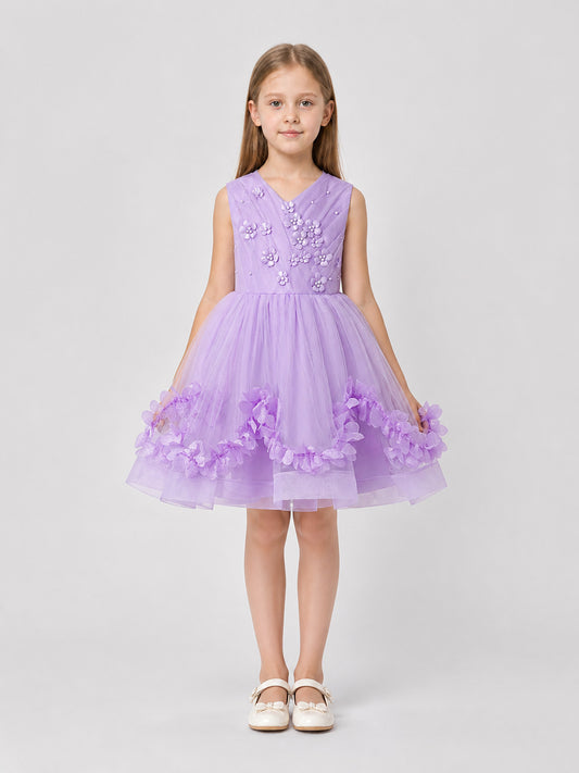 Dressy Dress with a Full Skirt and Floral Details on-model view