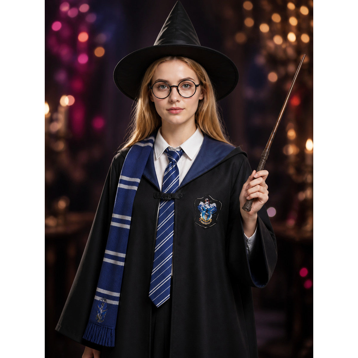 Wizard Academy Robe Costume Set With Hat, Scarf, Tie, Glasses And Wand