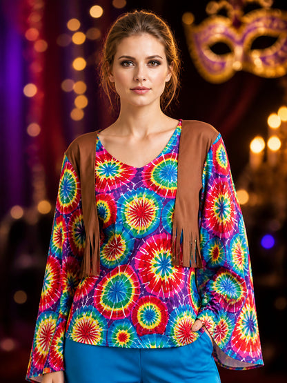 Retro Hippie Tie-Dye Fringe Two-Piece Costume Set With Bell-Bottom Pants on-model view