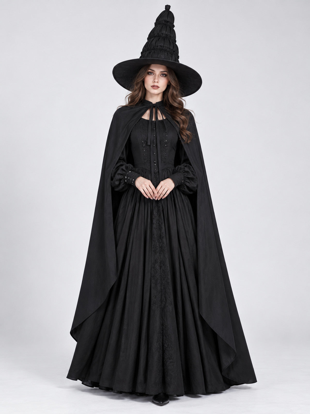 Gothic Black Costume with Dress, Cape, and Hat