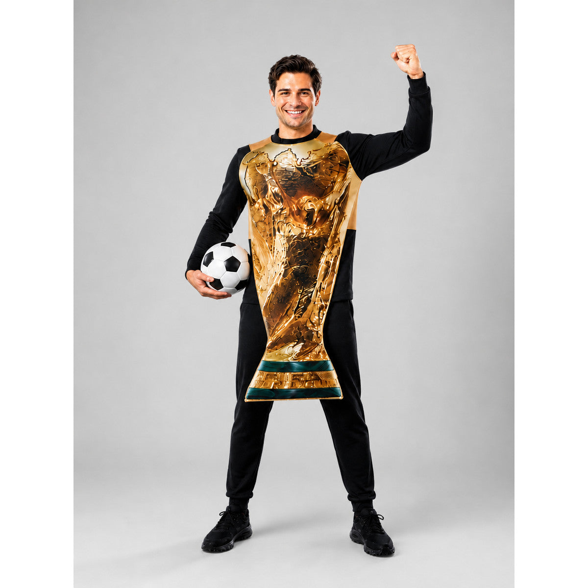Man wearing the World Cup trophy costume tabard with a gold trophy print over a black outfit, holding a soccer ball (ball not included)