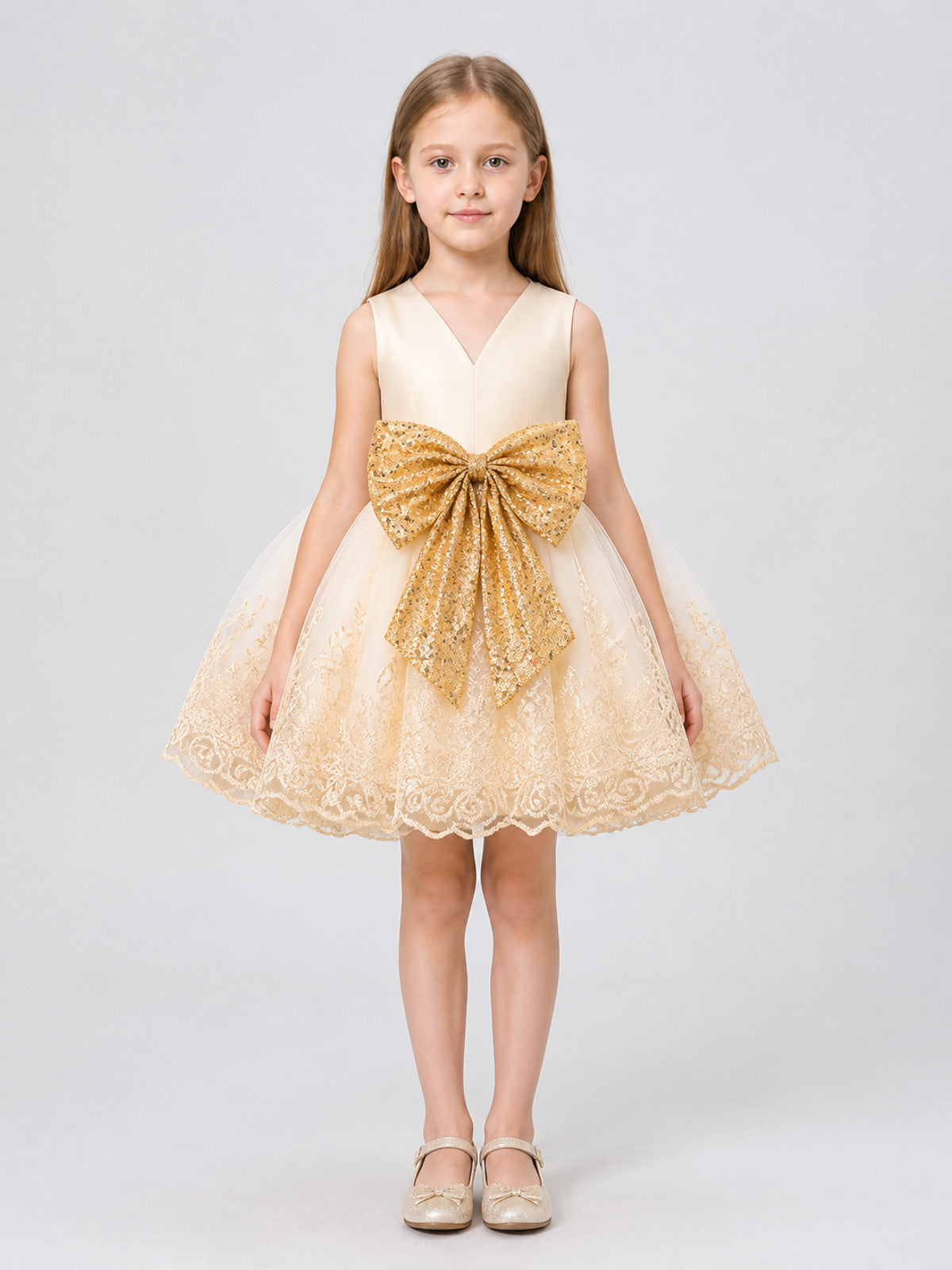 Girls' Party Tutu Dress with Gold Bow on-model view