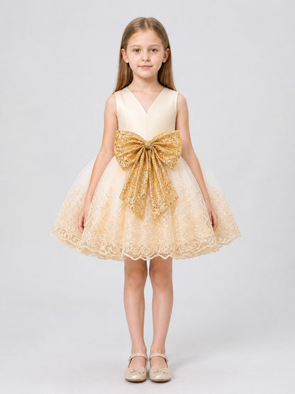 Girls' Party Tutu Dress with Gold Bow on-model view