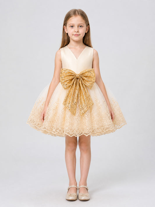 Girls' Party Tutu Dress with Gold Bow on-model view