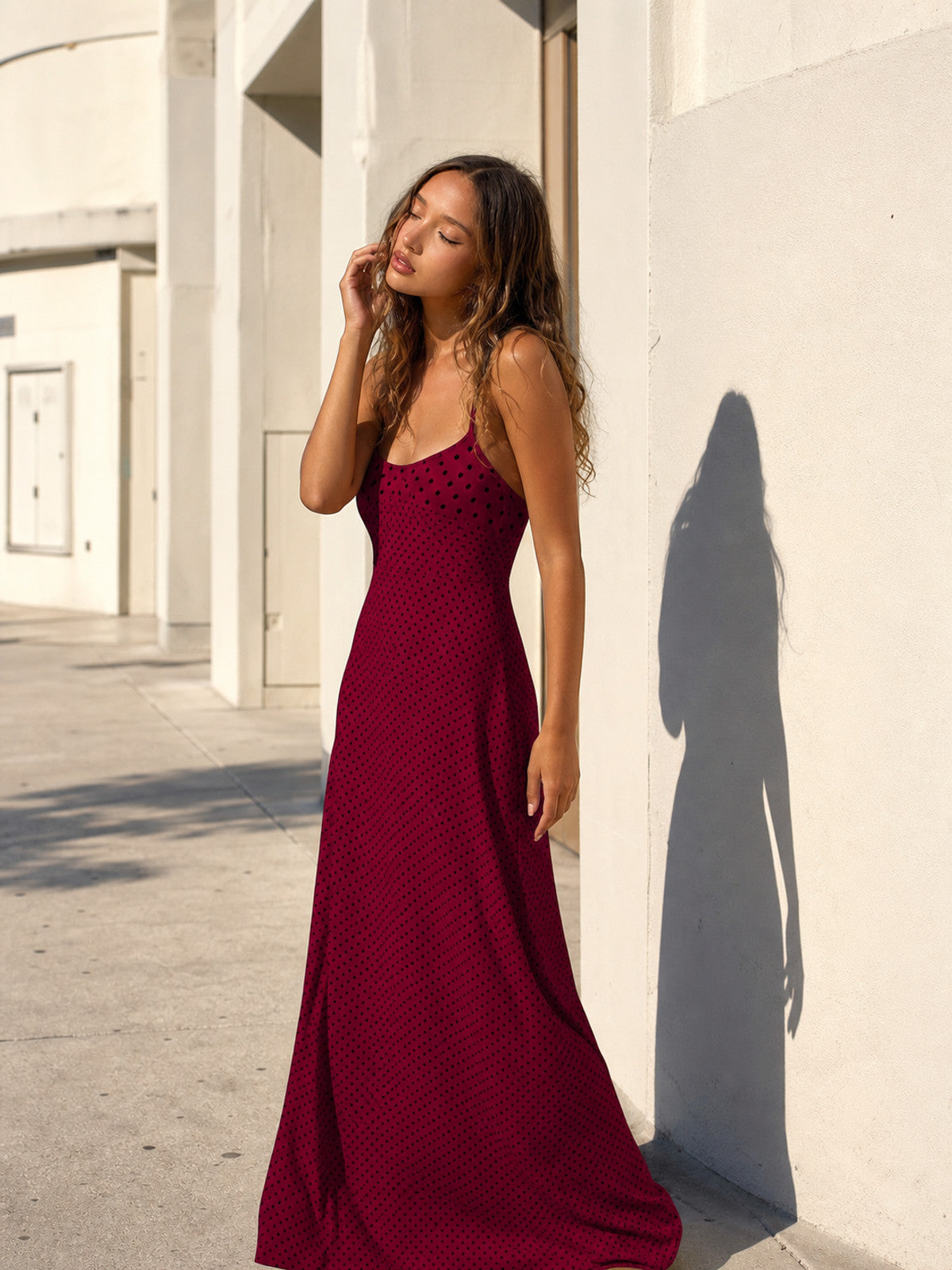Burgundy Long Dress with Thin Straps and Polka Dots main product view