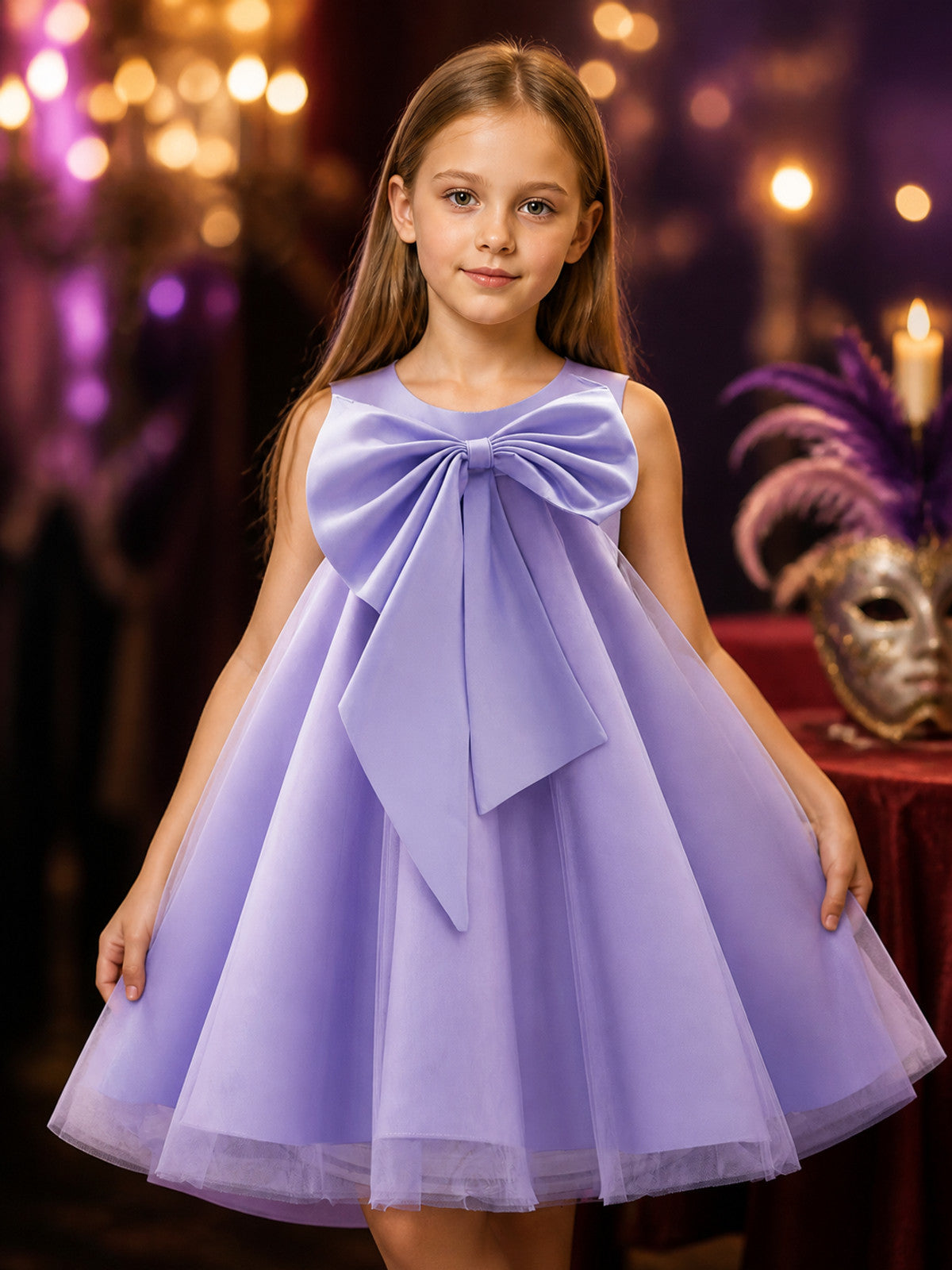 Girls' Light Purple Princess Flower Girl Dress, Sleeveless Layered Tulle Skirt on-model view