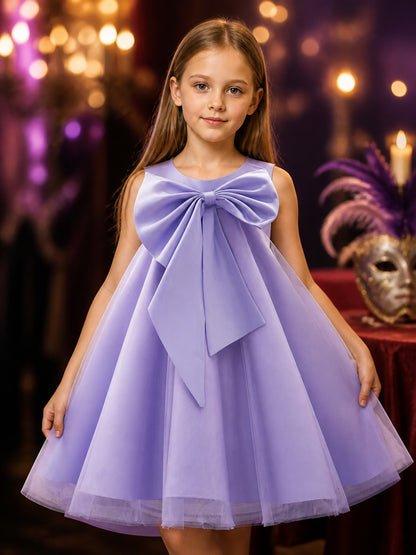 Girls' Light Purple Princess Flower Girl Dress, Sleeveless Layered Tulle Skirt on-model view
