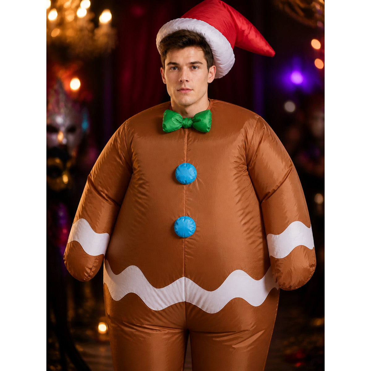 Adult Inflatable Gingerbread Man Costume with Santa Hat and Bow Tie, Funny