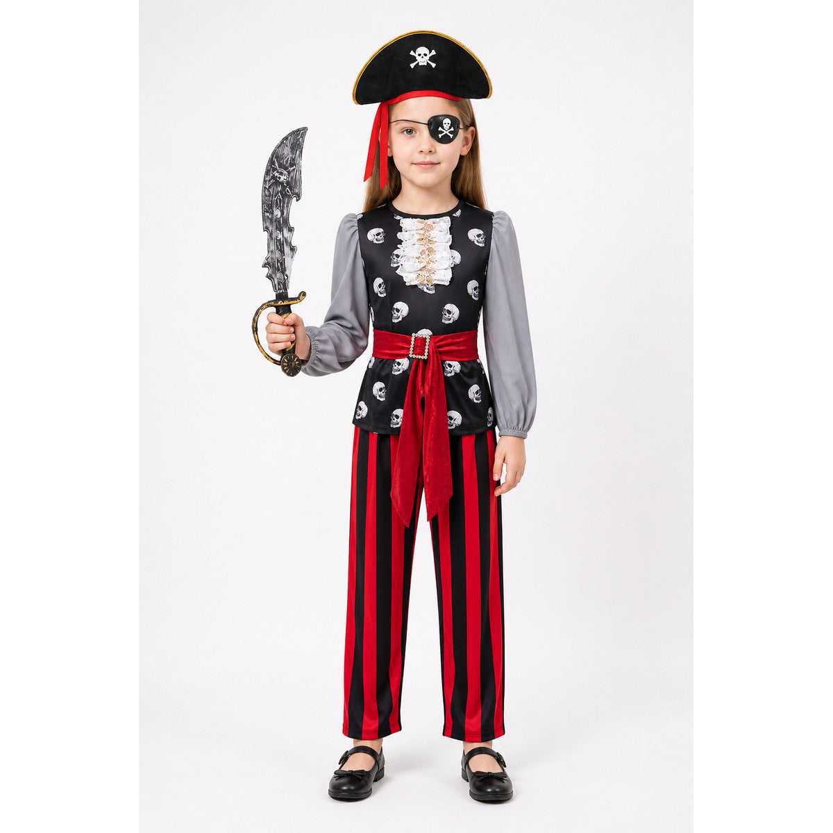 Black and Red Pirate Costume with Hat, Sword, and Eye Patch main product view