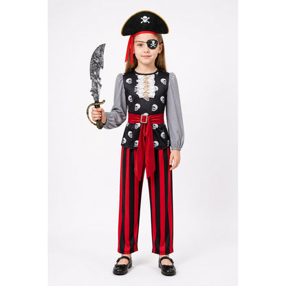 Black and Red Pirate Costume with Hat, Sword, and Eye Patch main product view