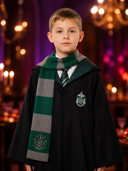 Slytherin Wizard Costume Set, Hooded Robe With Tie and Scarf, Halloween Cosplay on-model view