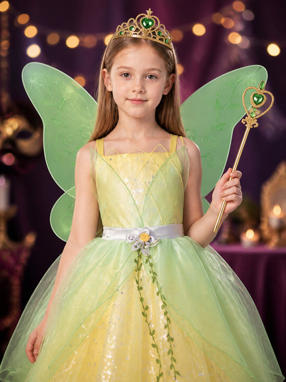 Girls Princess Dress Costume Set with Crown and Magic Wand, Green and Yellow on-model view